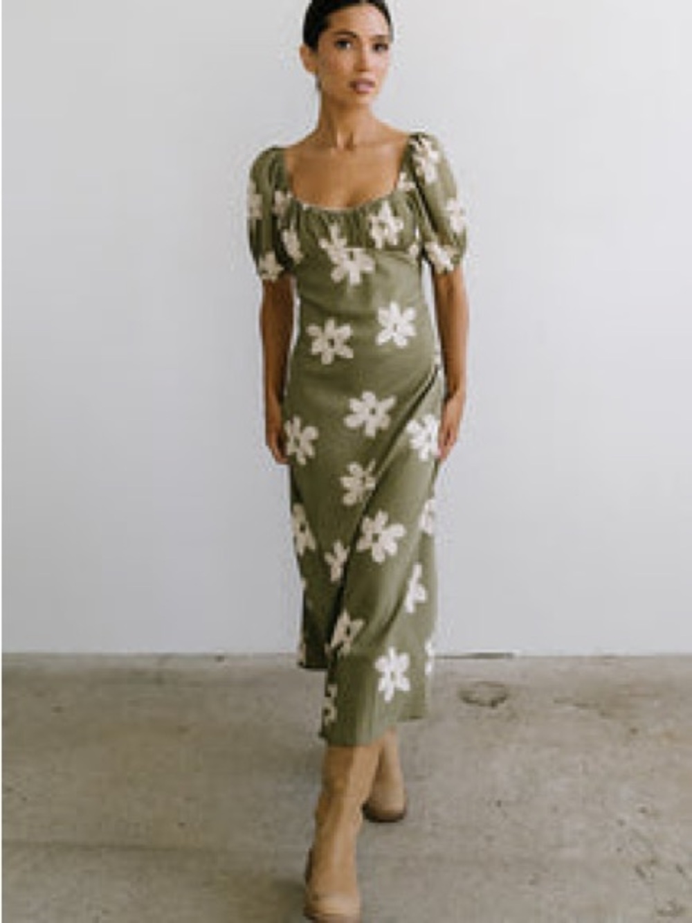 Bohme Jackie Sage Green Floral Satin Midi Dress